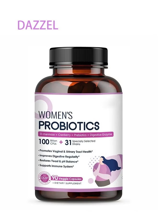 DAZZEL Women’s Probiotic, 90 Caps 100 Billion CFU 31 Strains, with Organic Prebiotics Cranberry, Shelf Stable, Delayed Release, No Soy Gluten Dairy - Image 1